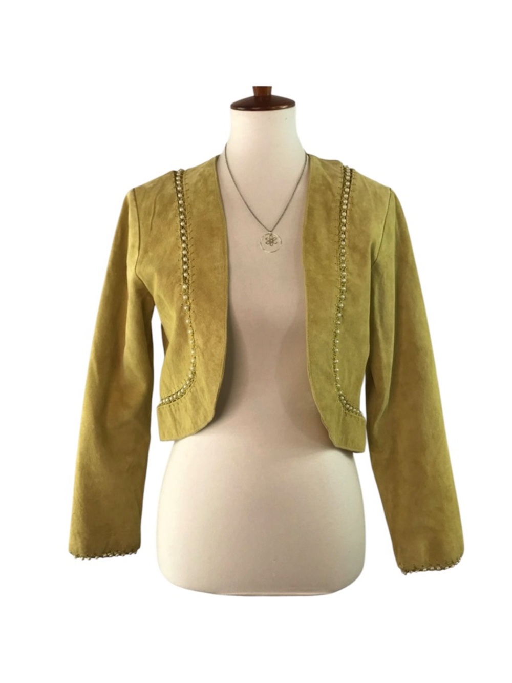 Sophie Chang Yellow Suede Leather Pearl Embellished Cropped Jacket